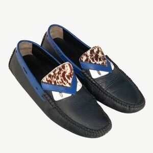 Fendi Monster Eyes Blue & Pony Hair Trim Driving Mocs Loafers in Black Leather